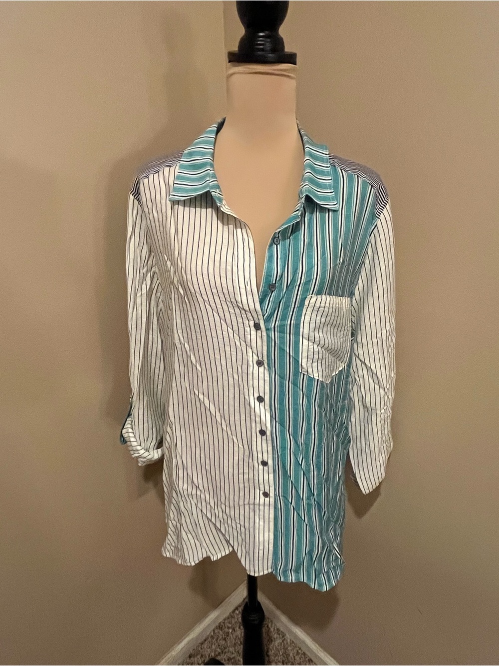 NWT Multiples Teal and White Mixed-Stripe Button-Down Shirt? XL